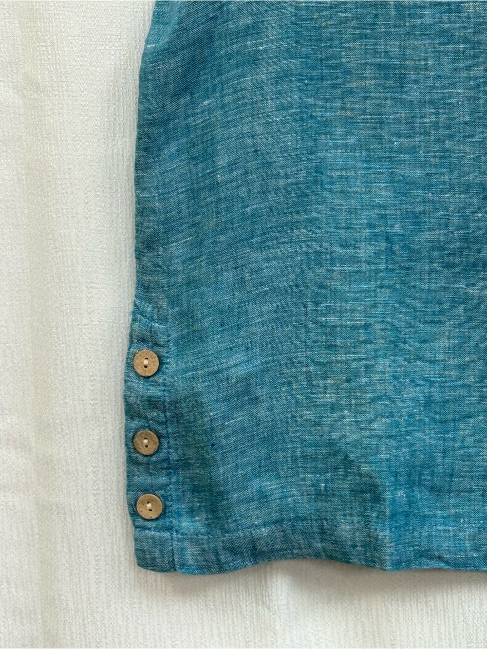 100% linen Cynthia Rowley Teal Blue Linen Short Sleeve Button-Side Top - Picture 4 of 7